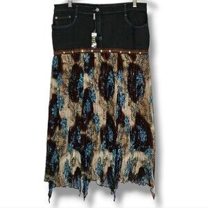 PANITTI Black Denim Tiered Skirt Size‎ L Flowy Pleats Gauzy Fairygoth Western